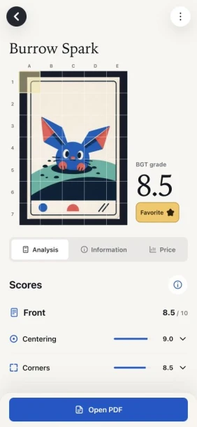 BGT report in the app with a card, estimate and condition scores