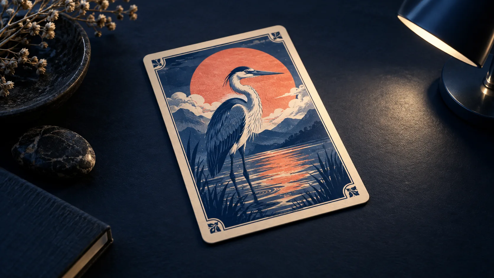 Fictional heron card lit by a side lamp on a navy tabletop.