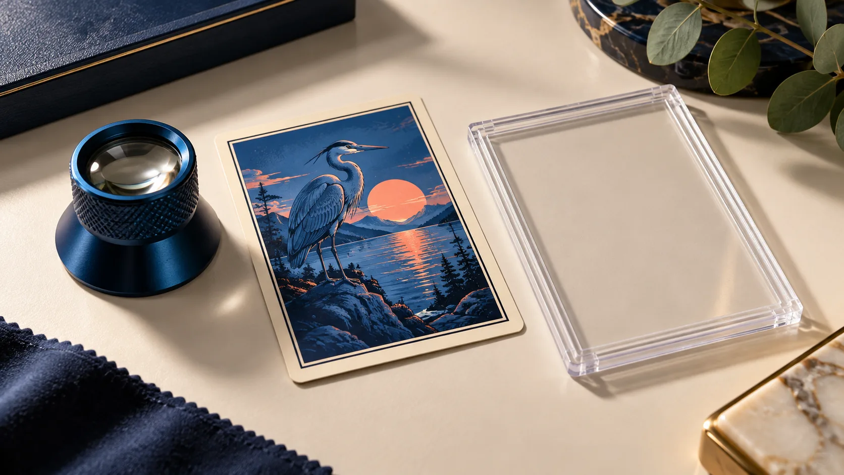 Fictional heron card with a blue loupe and empty rigid holder on an ivory desk.