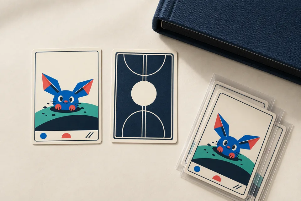 A fictional BGT collection with cards, sleeves and a navy album on a light tabletop.