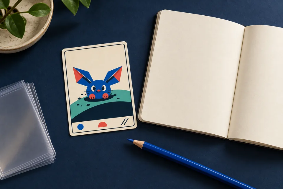 Study scene with a fictional BGT card, blank notebook, pencil and card sleeves.